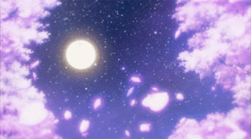 Purple Sky With Full Moon and Cherry Blossom Petals