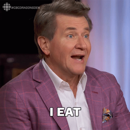 Purple Suit Man with White Shirt Saying I Eat