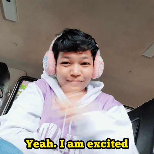 Purple Sweatshirt Ear Warmers Person Saying Yeah I Am Excited GIF