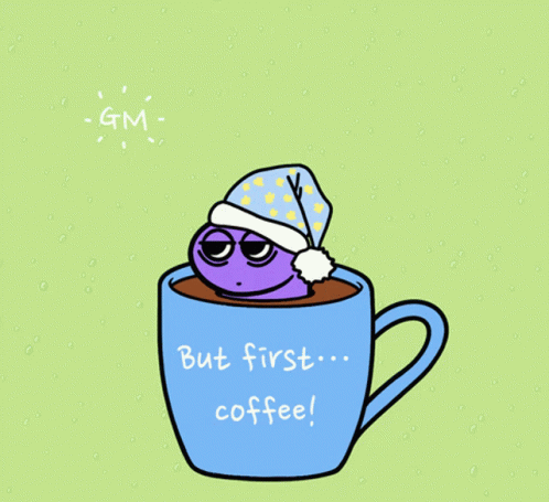 Purple Worm Sticking Out of Blue Cup But First Coffee