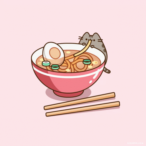 Pusheen Cat Eating Noodle Food Coma GIF