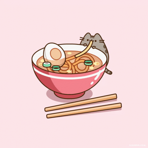 Pusheen Cat Eating Noodle Food Coma GIF