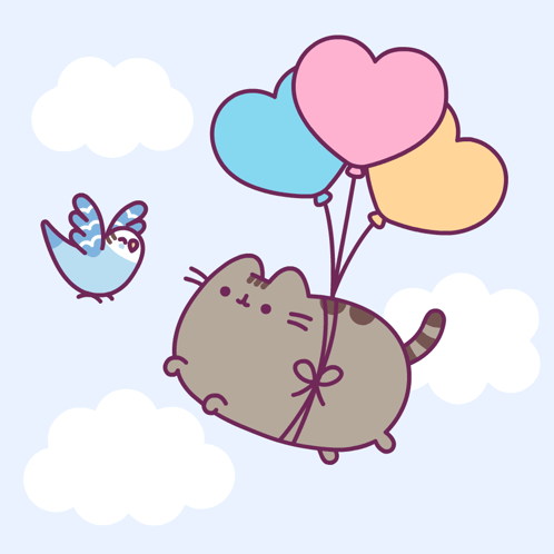 Pusheen Cat Flying With Heart Balloons GIF