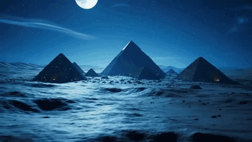Pyramids Lit at Night with Full Moon