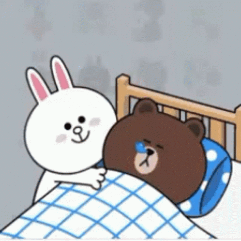 Rabbit and Bear Sleeping in Bed