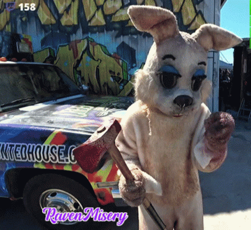 Rabbit Holding Bloody Axe In Front Of Car Saying Raven Misery GIF