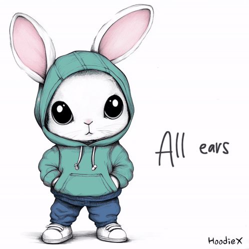 Rabbit in Blue Hoodie Saying All Ears