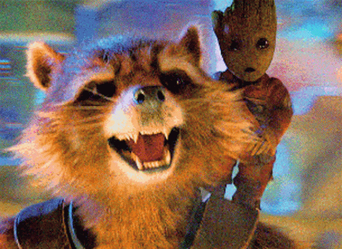 Raccoon Holding Baby Groot Smiling