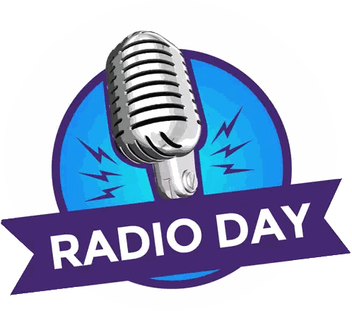 Radio Day Logo With Microphone and Ribbon