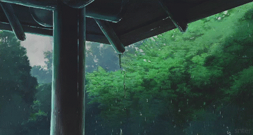 Rain Is Falling On A Roof With Trees In The Background And The Words Snter On The Bottom Right GIF