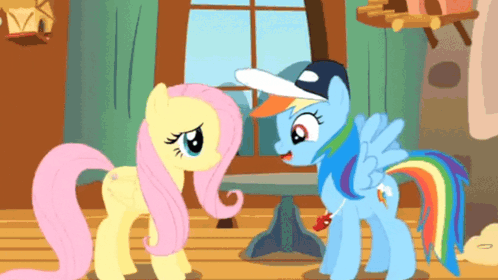 Rainbow Dash And Fluttershy Are Standing Next To Each Other In Front Of A Window GIF
