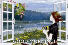 Raining Good Morning View Lake Girl Coffee GIF