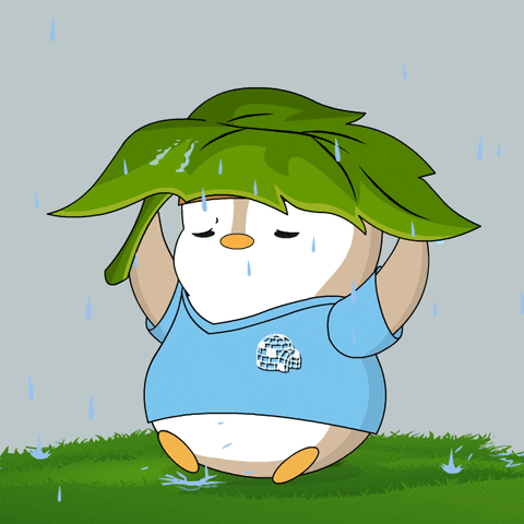 Rainy Friday Pudgy Penguin With Leaf Umbrella GIF