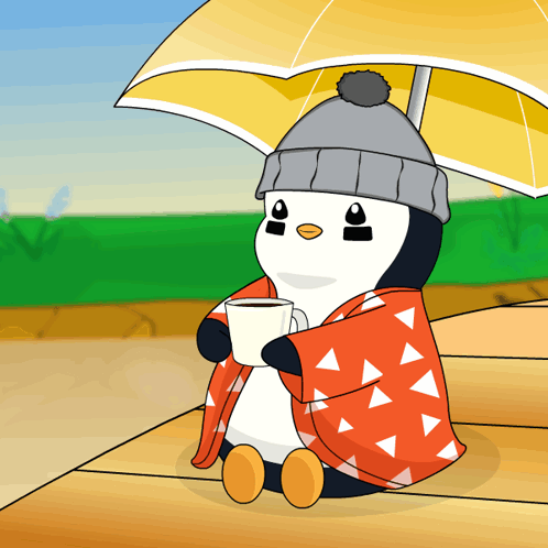 Rainy Saturday Pudgy Penguin Holding Coffee GIF