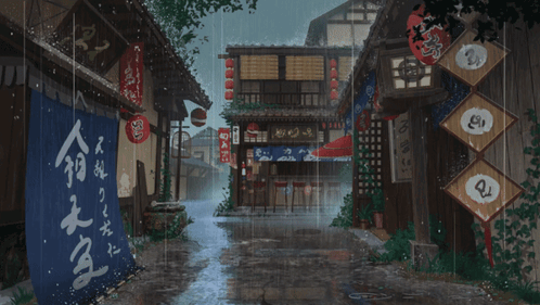 Rainy Street Painting with Chinese Writing