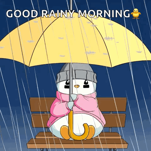 Rainy Wednesday Pudgy Penguin Sitting On Bench GIF