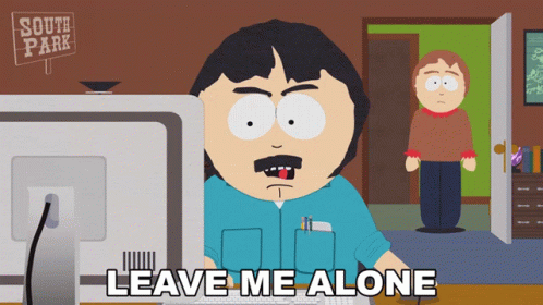 Randy From South Park Is Sitting In Front Of A Computer With The Words Leave Me Alone Below Him GIF