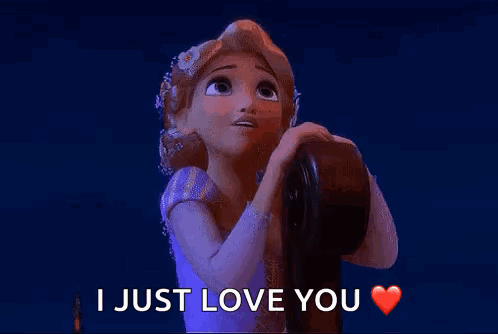 Rapunzel From Tangled Is Holding Her Hand To Her Face And Saying `` I Just Love You '' With A Heart . GIF