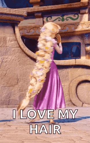 Rapunzel From Tangled Is Standing In Front Of A Building With Her Hair In A Very Long Braid . GIF