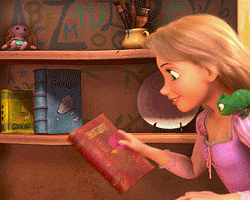Rapunzel Grabbing Many Books GIF