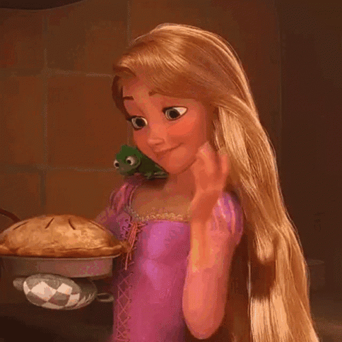 Rapunzel Holding Pie With Lizard On Shoulder GIF