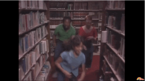 Reading Rainbow Kids Running Inside Library GIF