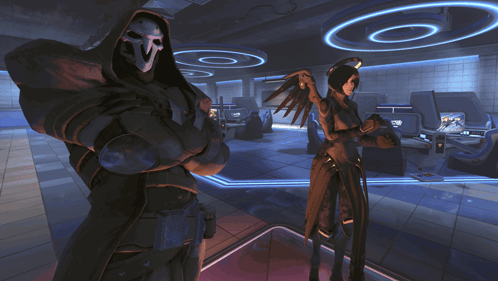 Reaper And Mercy Are Standing In A Dark Room GIF