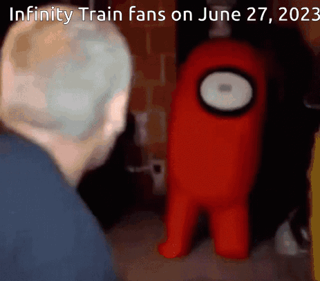 Red Among Us Character Next to Man