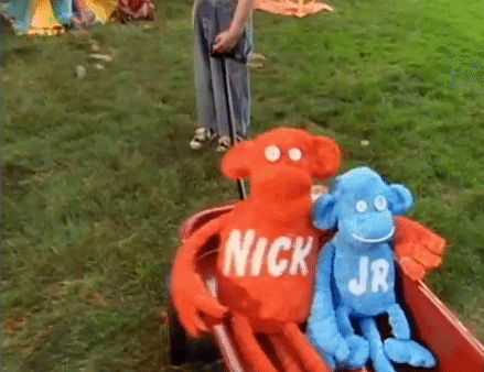 Red And Blue Stuffed Animals In Wheelbarrow With Nick GIF