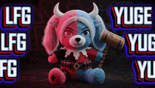 Red and Blue Teddy Bear With Horns LFG