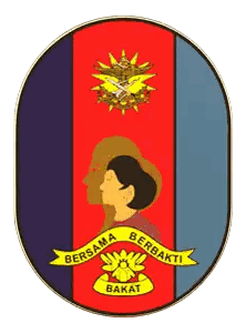 Red and Purple Emblem with Woman and Words