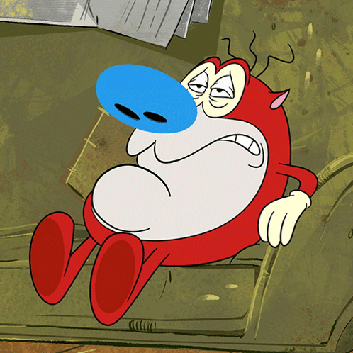 Red And White Cartoon With Blue Nose On Couch GIF