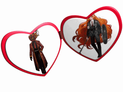 Red and White Heart With Woman Holding Sword and Shield