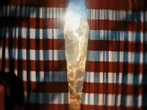 Red and White Striped Curtain Open to Sky