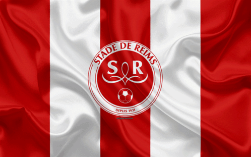 Red and White Striped Flag With Stade de Reims Logo