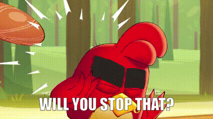 Red Angry Bird in Sunglasses Holding Frisbee Asking Will You Stop That