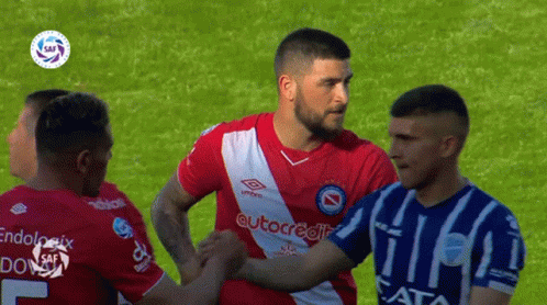 Red Autocredit Jersey Man Shakes Hands With Two Men GIF