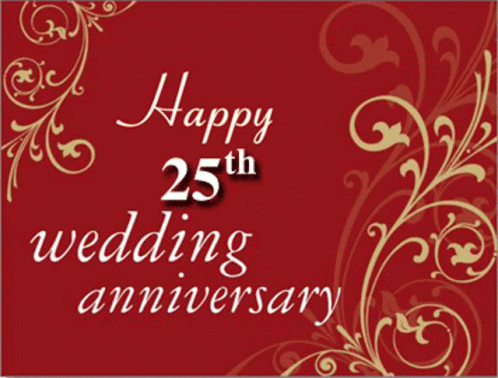 Red Background Gold Swirls Happy 25th Wedding Anniversary