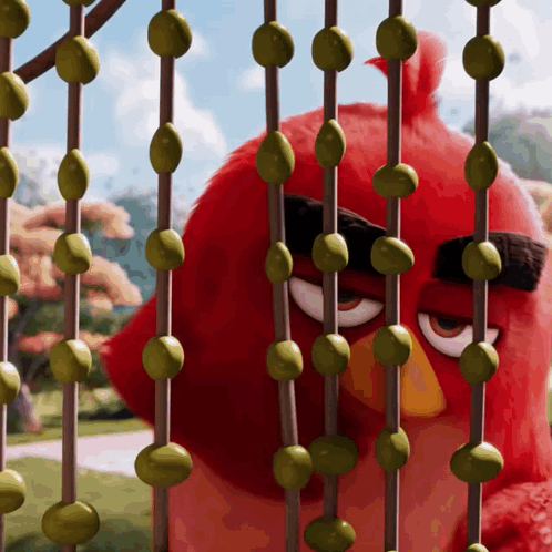 Red Bird Behind Fence With Green Beads