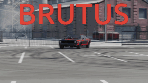 Red Car Driving in Parking Lot Saying Brutus