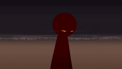 Red Cartoon Character With Glowing Eyes Standing in Dark