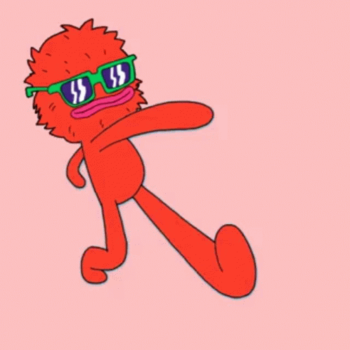 Red Cartoon Character with Sunglasses and Pink Mouth