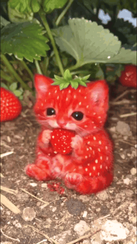 Red Cat With Strawberry On Head Eating Strawberry GIF