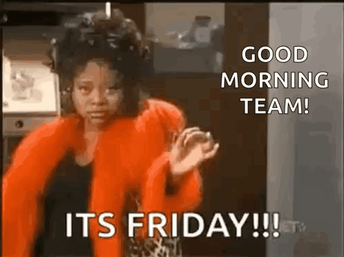 Red Coat Woman Says Good Morning Team It's Friday GIF