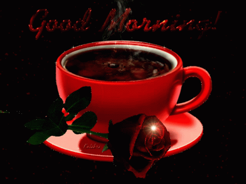 Red Coffee Cup With Rose Saying Good Morning