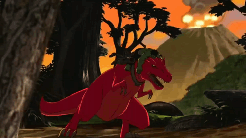 Red Dinosaur Carrying Turtle