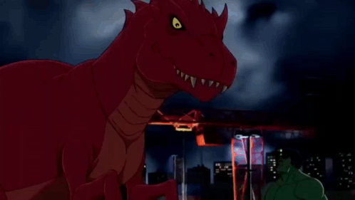 Red Dinosaur Next to Green Hulk