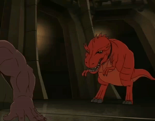 Red Dinosaur with Yellow Eyes and Sharp Teeth