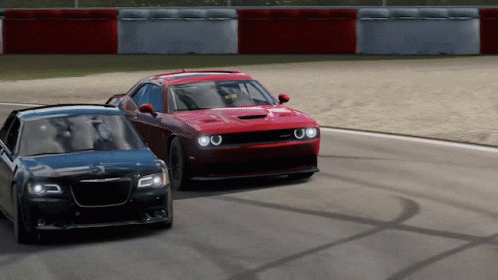 Red Dodge Challenger and Blue Chrysler Racing
