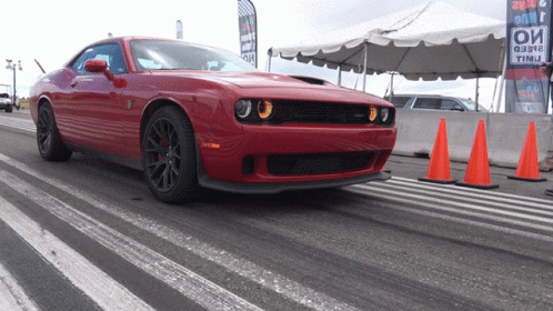 Red Dodge Challenger Driving on Track With Orange Cones